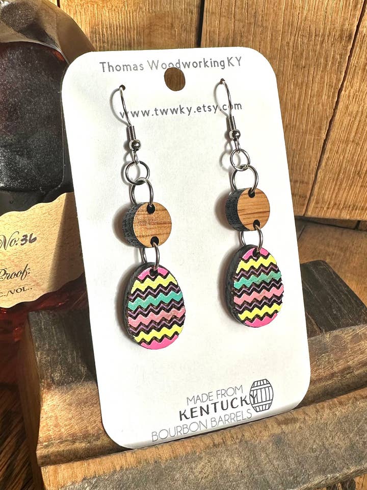Hand Painted Easter Egg Dangle Earrings from Bourbon Barrels for wholesale by TWWKY