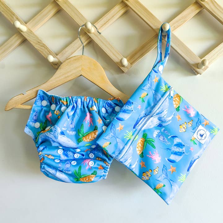 Little E & Co - Wholesale Swim Diaper - Baby - REUSABLE SWIM NAPPY & MINI WET BAG COMBO ~ OCEAN