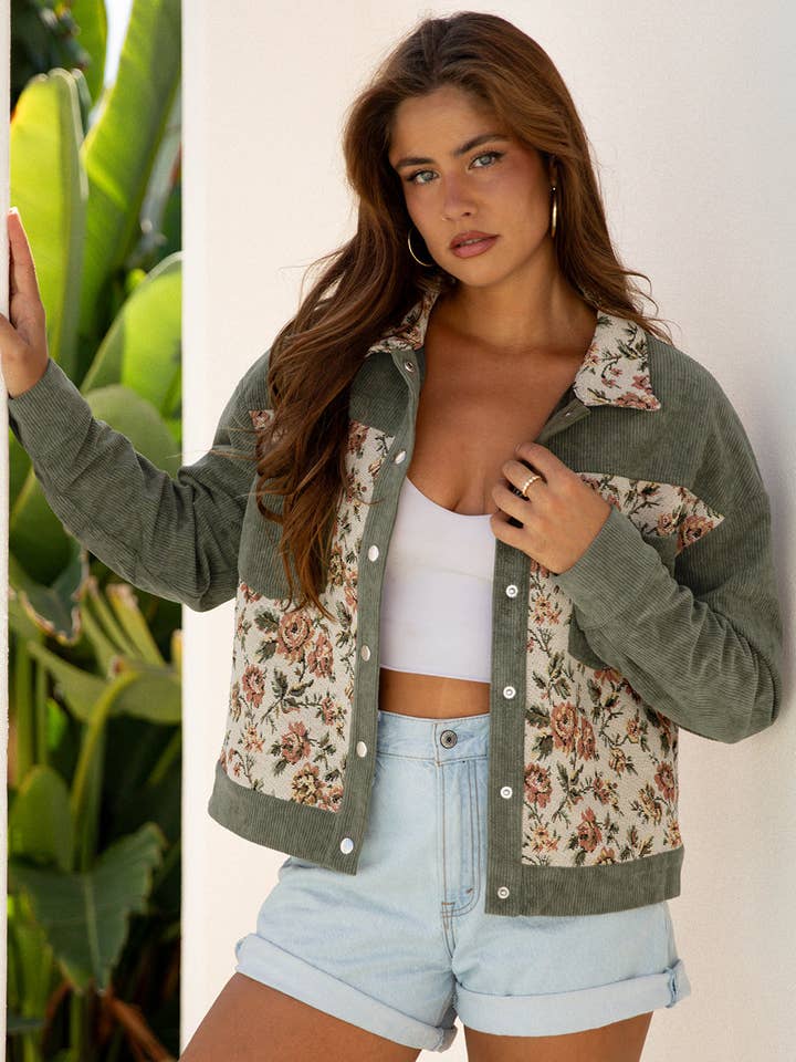 Sage Green Ribbed Retro Floral Patchwork Shirt Style Jacket for wholesale by Lovesoft