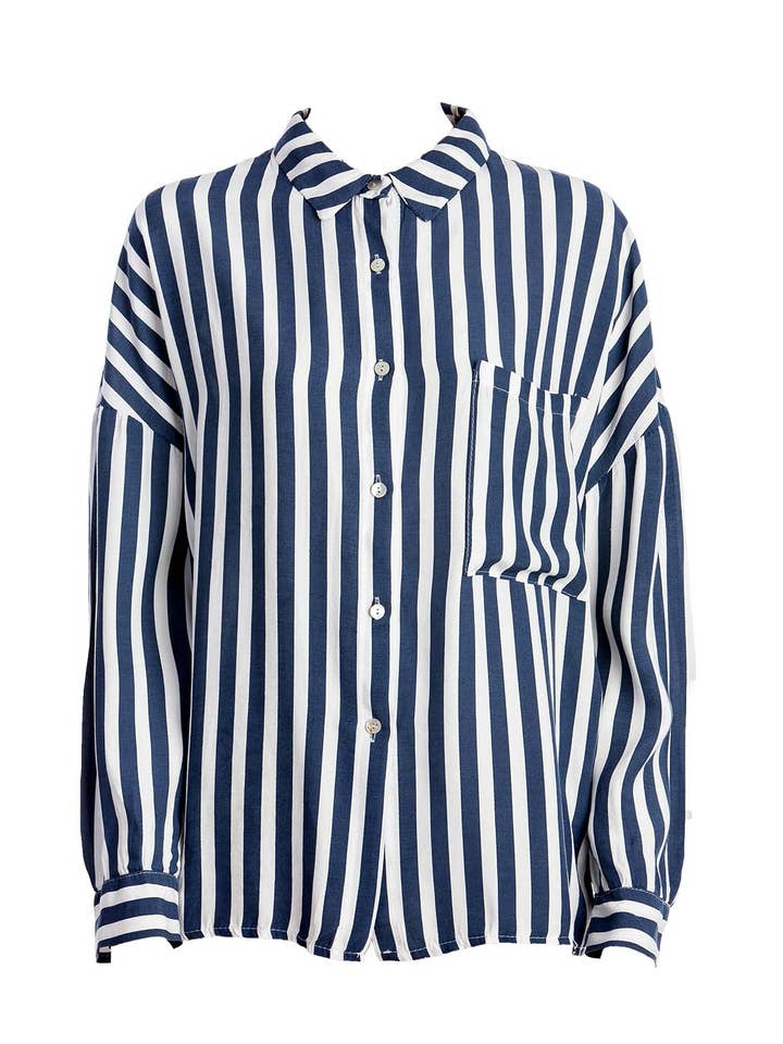 Lenes Blue Blouse with White Stripes Printed for wholesale by SOHUMAN