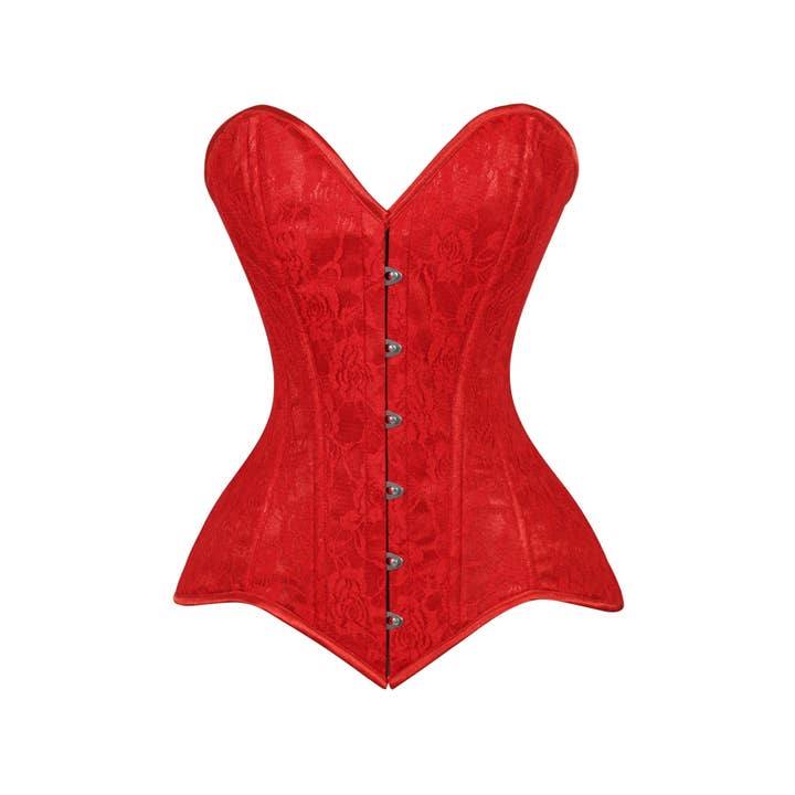 Lavish Red Lace Overbust Corset Sweetheart Neckline Busk Closure for wholesale by Daisy Corsets