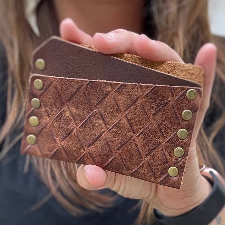 Riveted Card Wallet - Brown Basketweave - Handmade Wallet for wholesale by Raleigh Leather