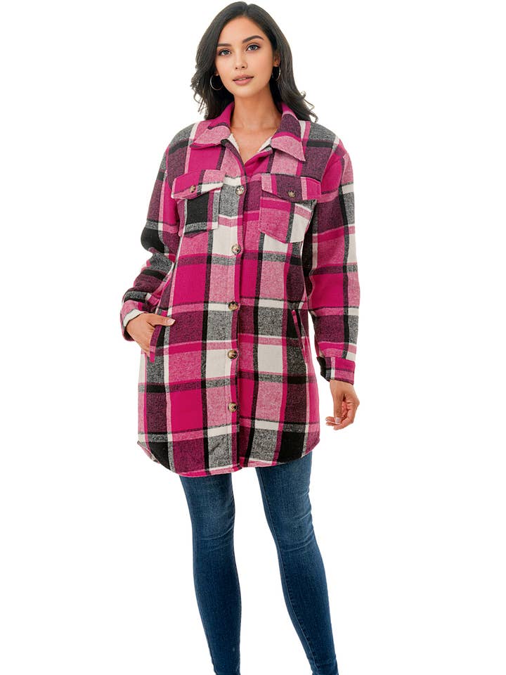 Color 5 - Venta al por mayor Sobrecamisa - Mujer - Chaqueta de franela larga a cuadros rosa y blanca con bolsillos