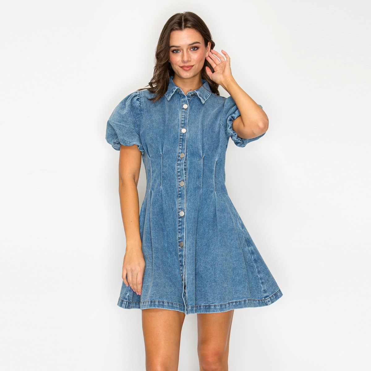 LoveWednesday - Wholesale Dress - Women's - Modern Muse Denim Bubble Sleeve Dress - LWD33854