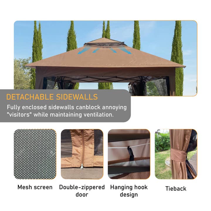 Brown Outdoor 11x11Ft Pop Up Gazebo Canopy w/Removable Netting for wholesale on Faire3