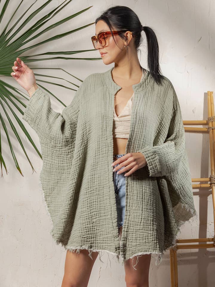 Moa - Wholesale Kimono - Women's - Boho Style Cream Muslin Poncho