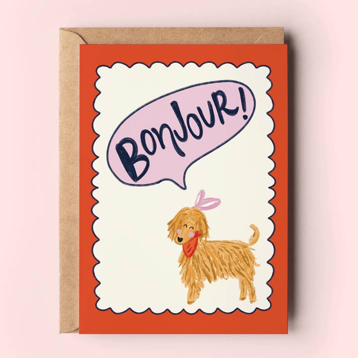 Bonjour! Shaggy Dog with Bow Hello French Greeting Card for wholesale by The Shelley Society