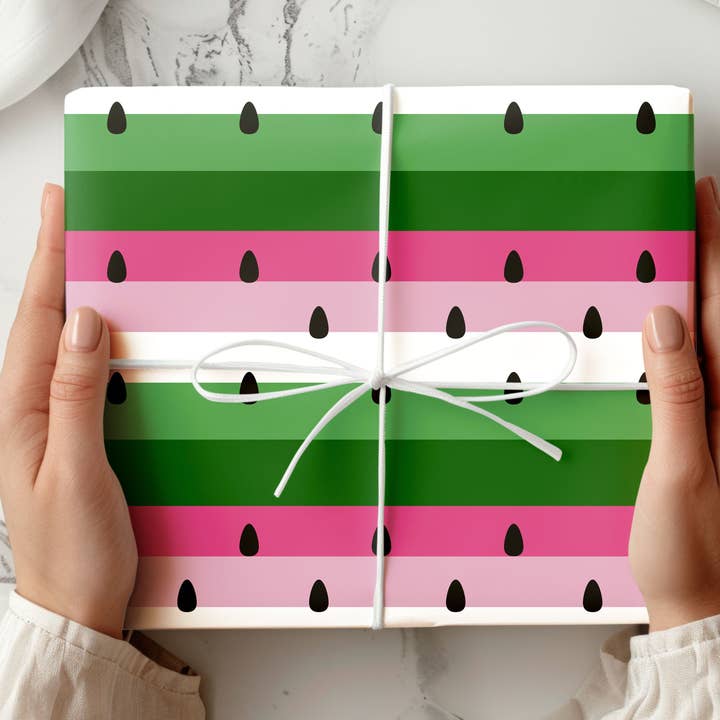Watermelon Stripe Wrapping Paper – Summer Fruit Design with Pink, Green & Seed Motif for wholesale by House of Binky