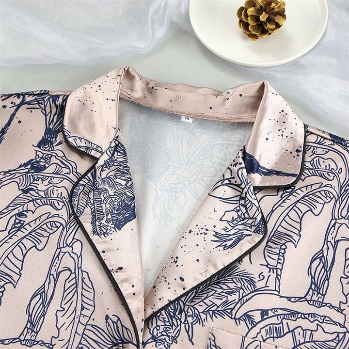 PRINTING Long Sleeve Satin Two-Piece Pajama Set with Lapel Collar and Single-Breasted Blouse for wholesale on Faire5
