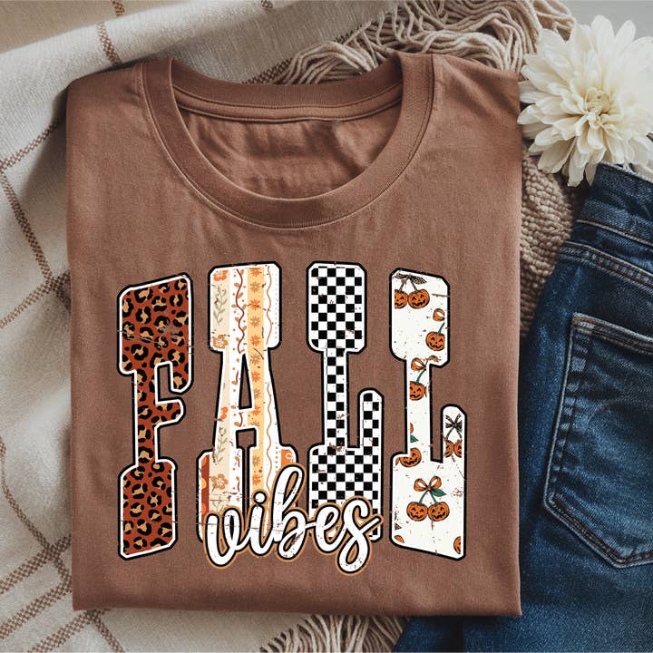 Fall Vibes Pattern Letters Graphic T-Shirt for wholesale by Southern Attitude Designs Inc