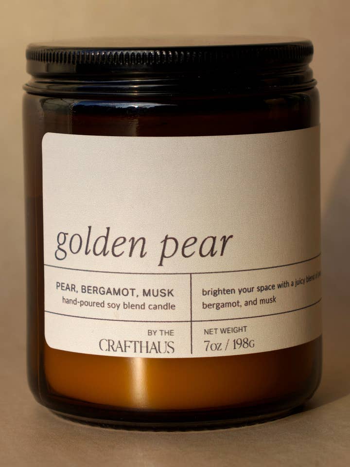 Golden Pear - 7 oz. Amber Glass Soy Candle for wholesale by The Crafthaus