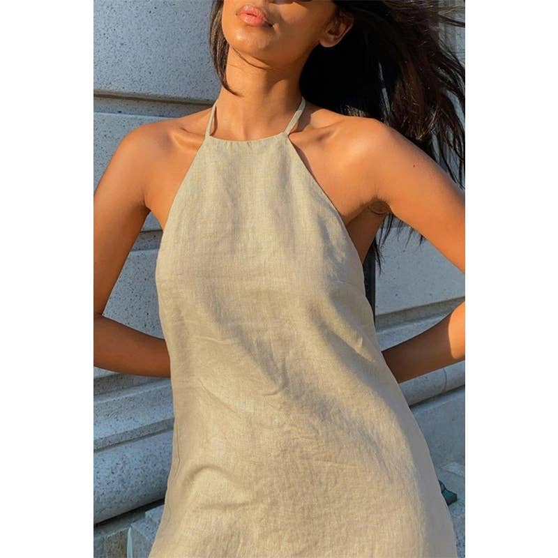Paperdoll - Wholesale Dress - Women's - Cotton Linen Halter Lace up A line Dress 2