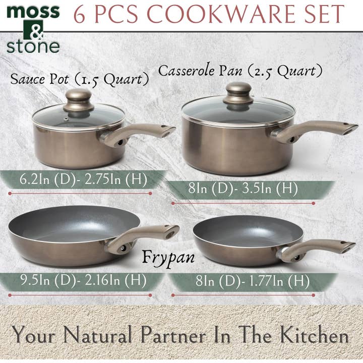 Moss & Stone - Wholesale Cookware set - 6 Piece Nonstick Cookware Set, Pots And Pans Set Non stick With Glass Lid, Induction Cookware, Stay-Cool Handles, PTFE/PFOA (6 Pcs Dark Grey)1