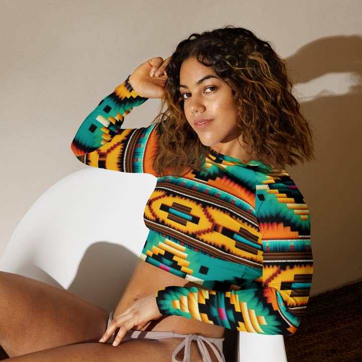 The Adirelounge - Wholesale Shirt - Women's - Yellow Green and Red African Print Women's Long Sleeve Crop Top