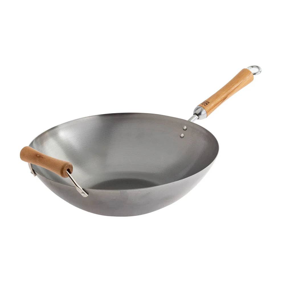 EcoQuality - Wholesale Wok - J21-9978, 14" Flat Bottom Carbon Steel Wok w/ Birch Handles Joyce Chen Classic0