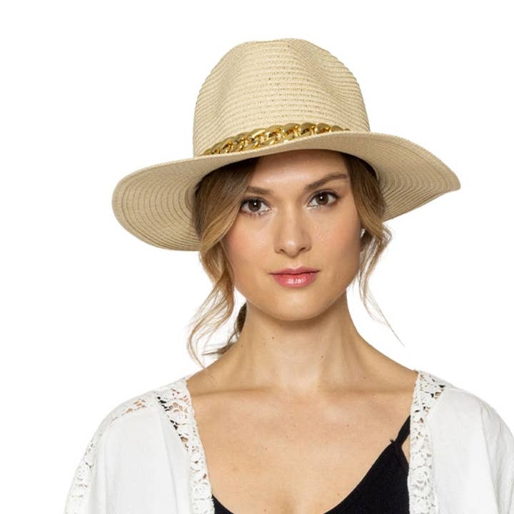 PinktownUSA - Wholesale Straw Hat - Women's - Ivory Chain Band Panama Hat