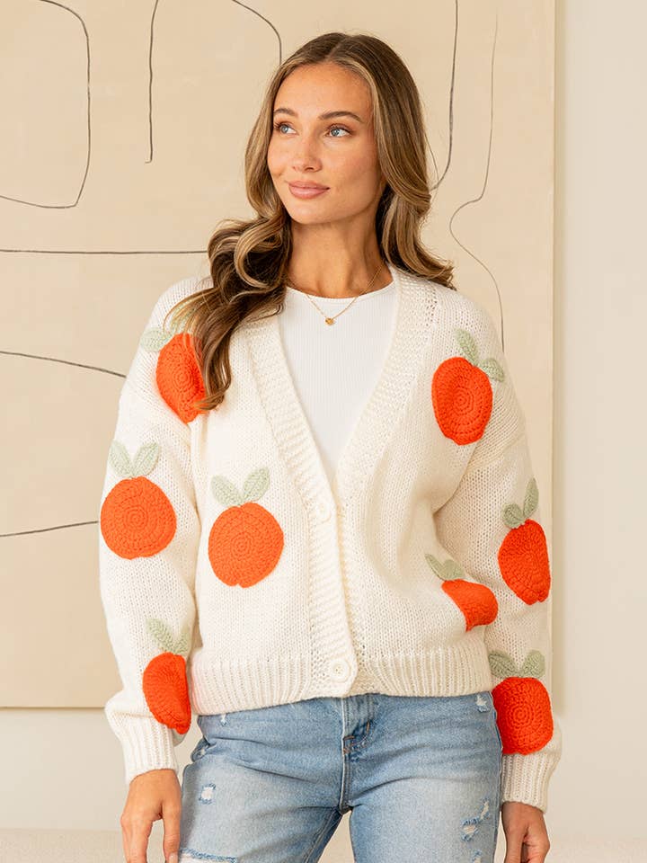 Afslappet pasform frugtapplikation strikket cardigan for engroshandel hos Sew In Love