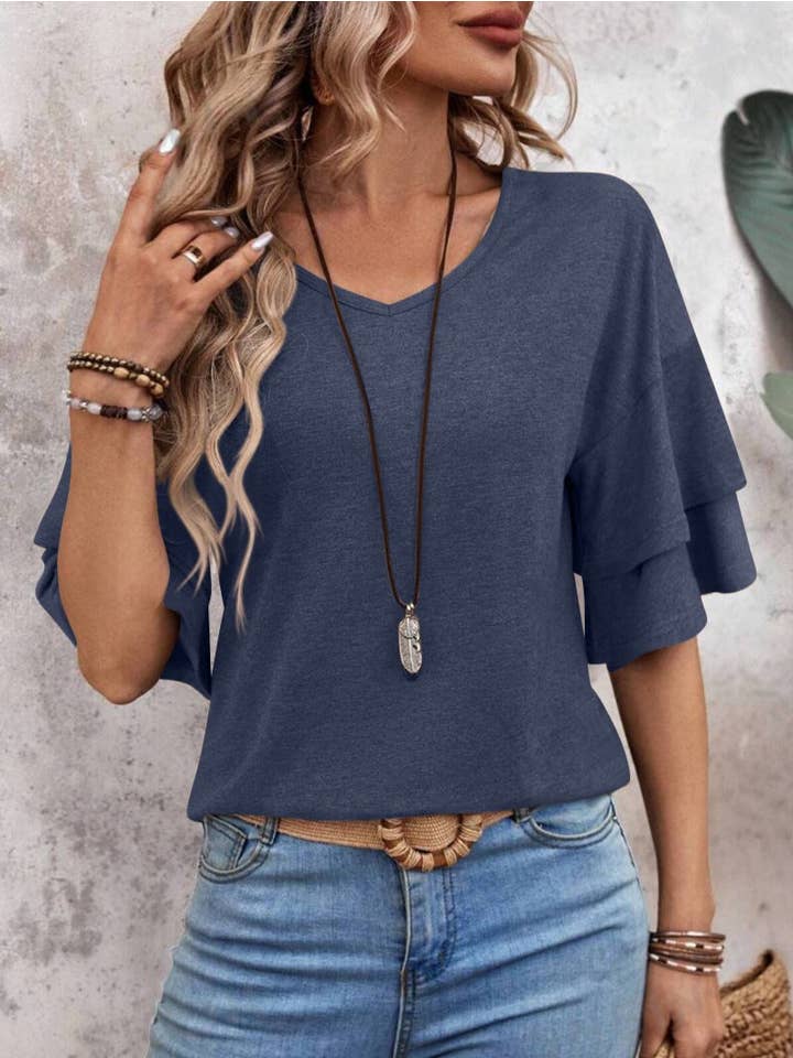Rosa Clothing - Wholesale Blouse - Women's - Summer V-Neck Ruffle Sleeve Loose Short-Sleeved T-Shirt