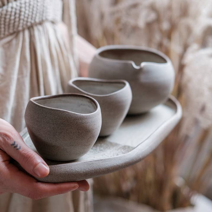 Stone Collection SHELL cups — wheel thrown organic stoneware for wholesale by LAIMA CERAMICS (SIA Radosa Apvieniba Spares)