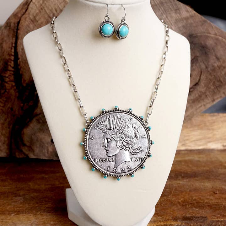 PennyLine inc - Wholesale Pendant/Charm Necklace - Western Boho Coin Necklace Set with Turquoise Accents – Worn Silver Tone4