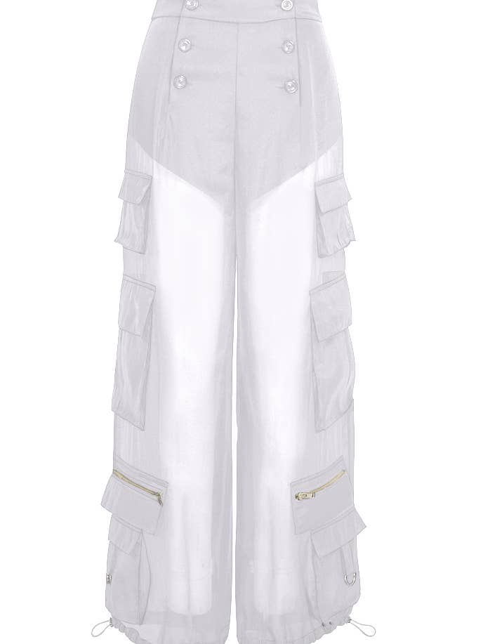 Pantalon cargo Chic Star en organza de viscose grande taille en blanc 03 pour la vente par CHIC STAR