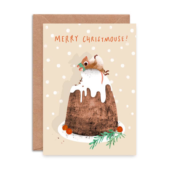 Tarjeta de Felicitación de Ratón con Pudding de Navidad | Tarjeta de Navidad A6 para venta al por mayor de Emily Nash Illustration Greeting Cards