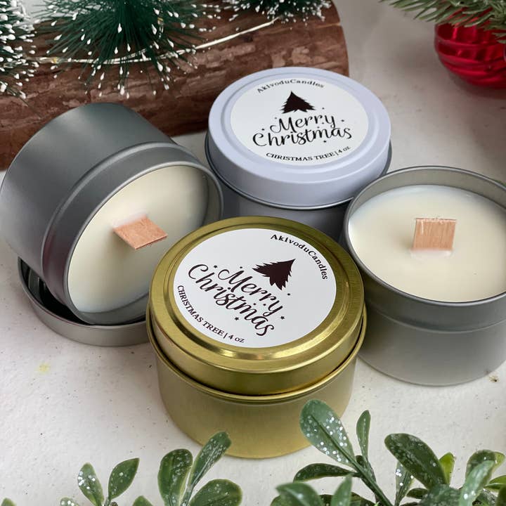 Akivodu Candles – wholesale Travel candles – Merry Christmas Scented Candle in 4 oz Tins Holiday Scents 4