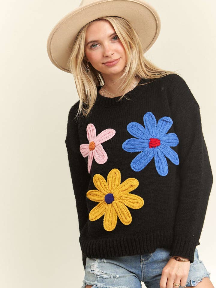 Madelyn - Wholesale Knit Sweater - Women's - LESW3598-BIG FLOWER PATCH SWEATER TOP