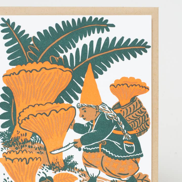 Egg Press Manufacturing - Wholesale Everyday Greeting Card - Mushroom Picking Gnome Letterpress Greeting Card by Phoebe Wahl1