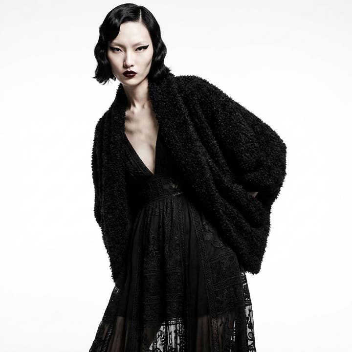 Black Faux Shearling Cocoon Open Sweater Jacket for wholesale by Sumie Tachibana