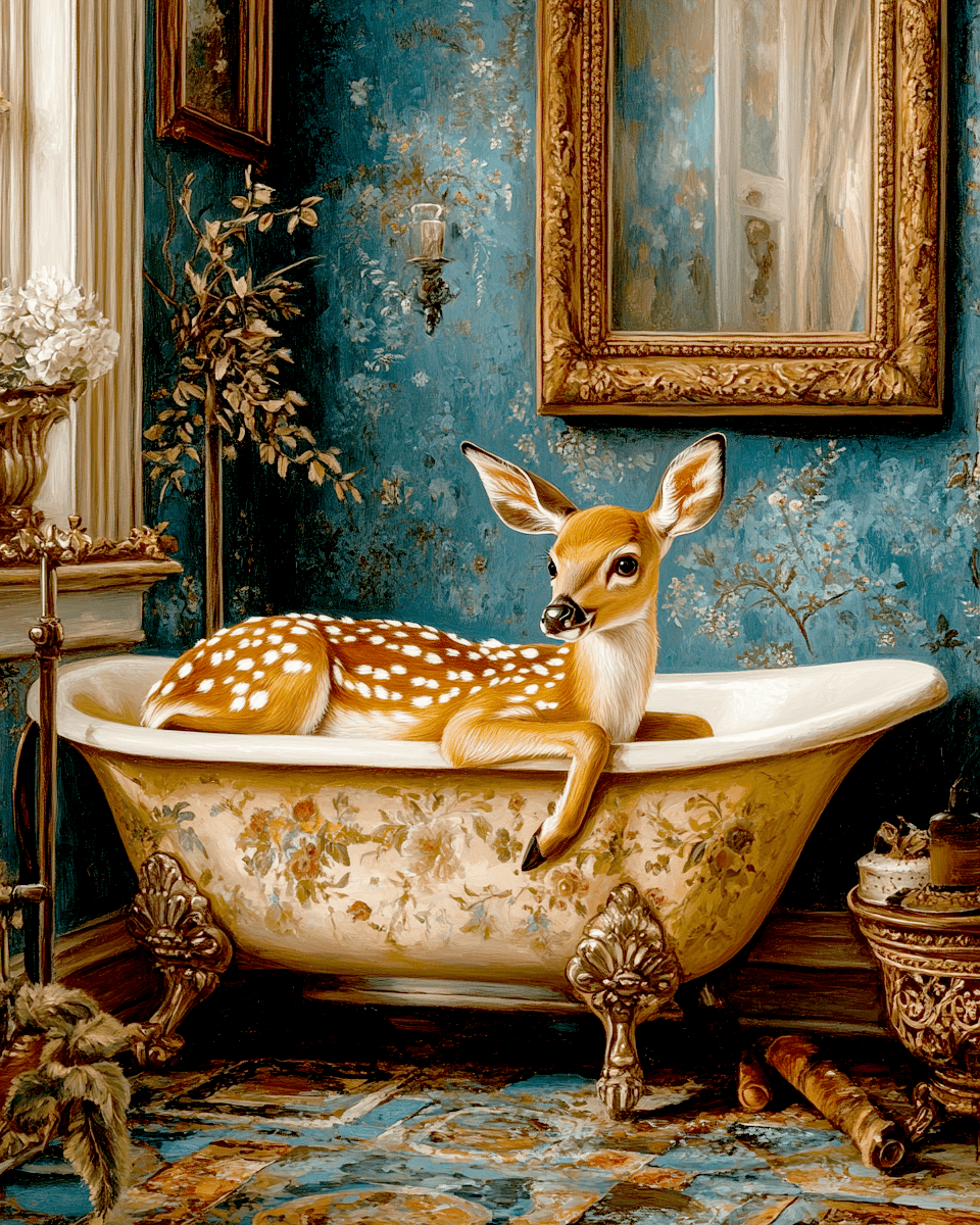 Mowbi - Wholesale Art Print - Fawn in Bathtub - Bathroom Wall Art Prints – 8″x10″ Artwork for 11″x14″ Frame0