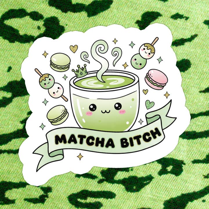 Iced Matcha Green Tea Caffeine Waterproof Vinyl Sticker for wholesale by Stickers+ X Ashley Bexar
