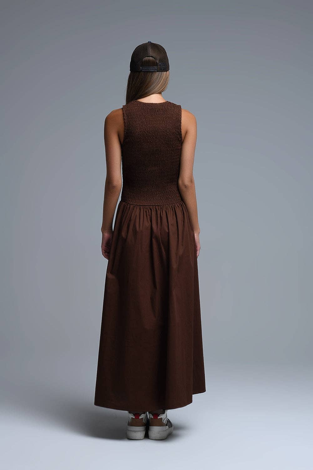 Maxi Brown Smocked Poplin Dress for wholesale on Faire4
