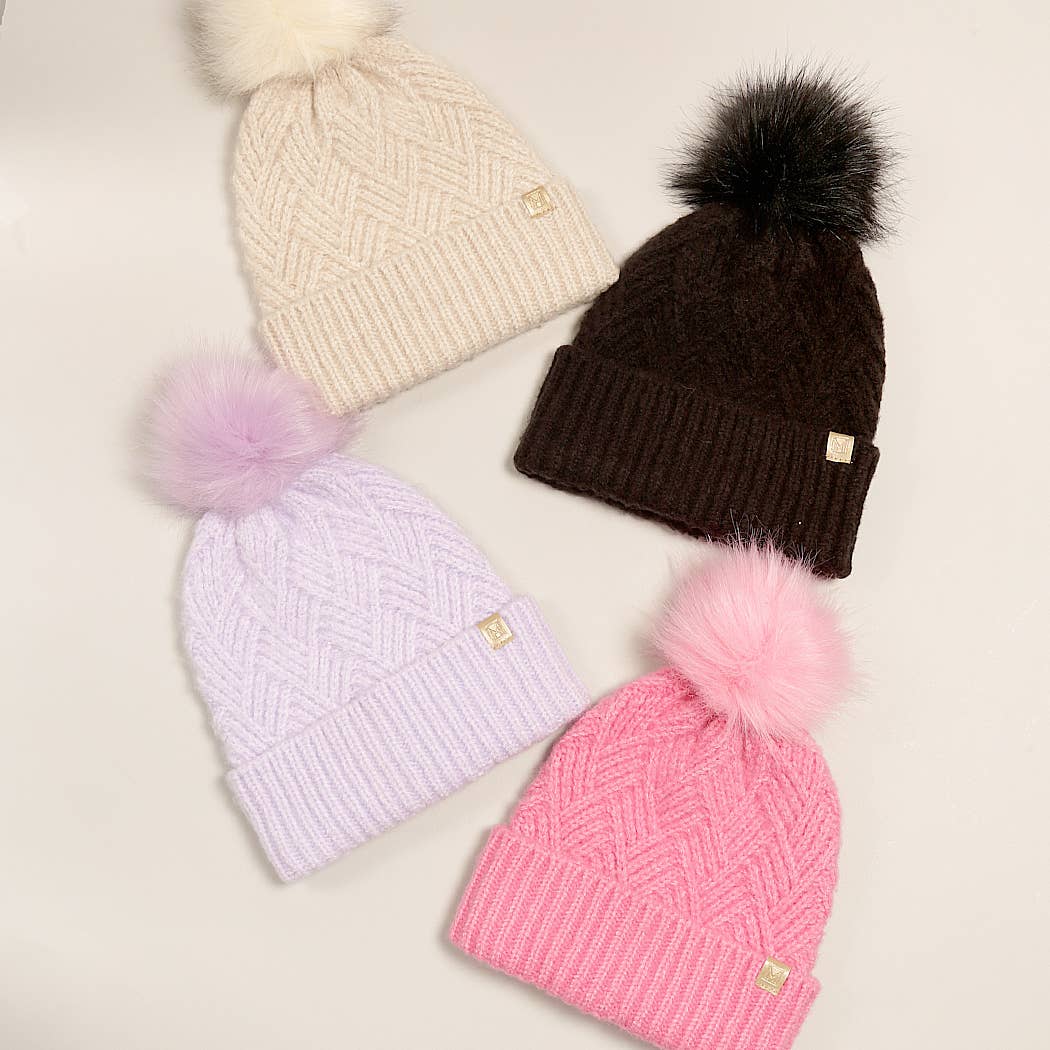 Fashion City - Wholesale Beanie - Dames - Chevron-gebreide muts met pompon van imitatiebont10