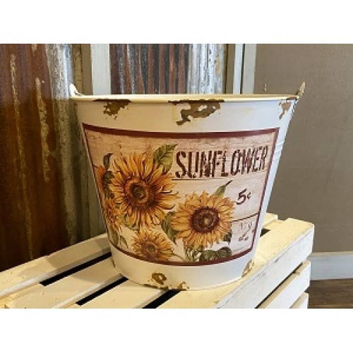 DNS Designs - Wholesale Bucket/Pail - Cream Distressed Sunflower Bucket Lg