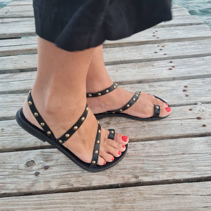 Madammeshushu – Engroshandel sandal - Dame – Black Studs Græsk Læder Sandaler, Gladiator sko