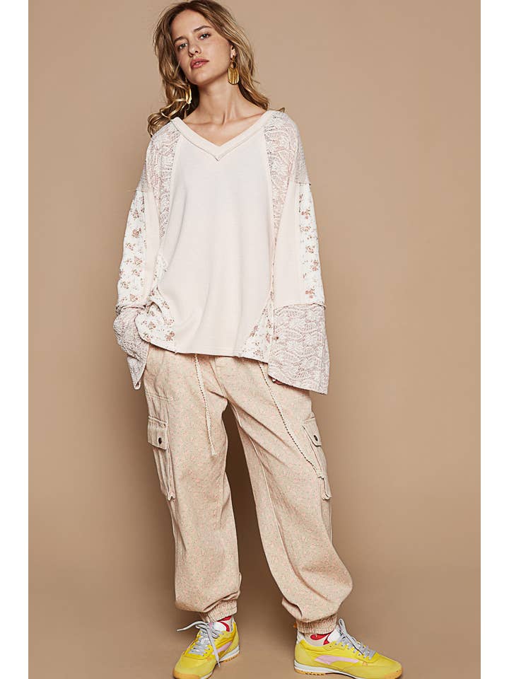 Pol Clothing - Wholesale Knit Top - Women's - Long sleeve contrast flower thermal knit top SALE