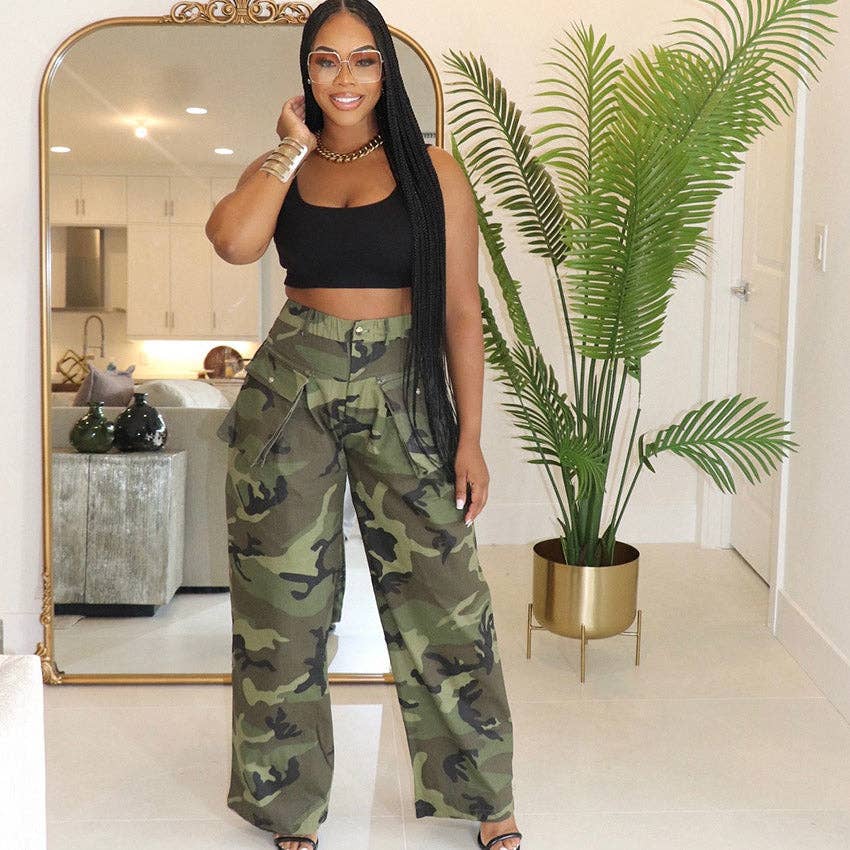 Army Green Women Fashion Casual Camouflage Printed Wide Leg Pants for wholesale on Faire1