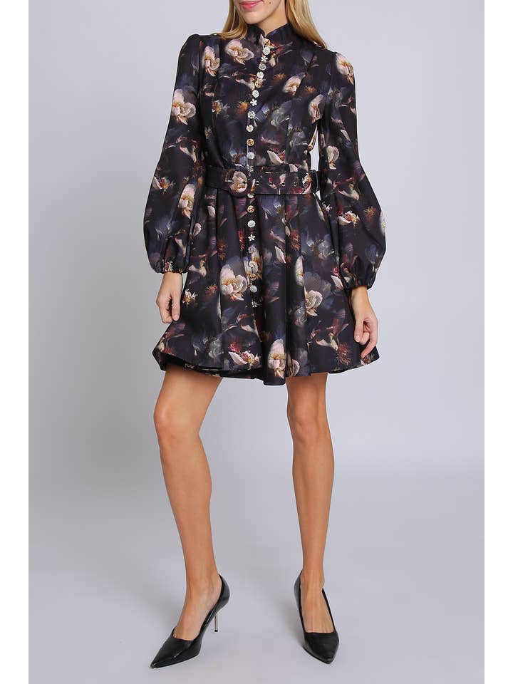 Black Floral Print Embellished Front Belted Mini Dress PC3542 for wholesale on Faire