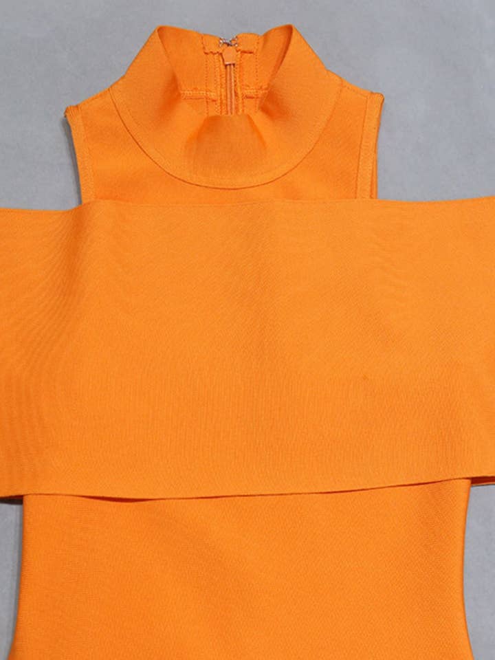 Orange Cold-Shoulder Mock Neck Slit Midi Dress for wholesale on Faire