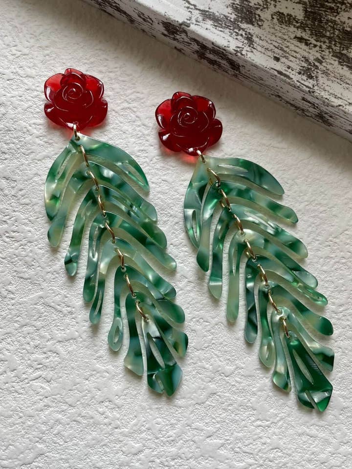 Vintage Red Rose Leaf Tassel Dangle Earrings DP25D845 for wholesale by Dipped Shop
