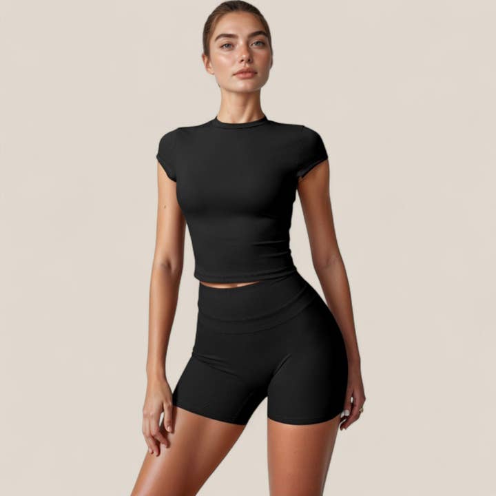 Active by Anna-Kaci - Wholesale Athletic Top - Women's - Fitted Crop Active Tee Short Sleeve Round Neck Stretch2