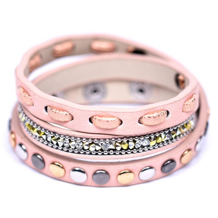 Wraparound cuff with studs,crystals & threaded detail for wholesale by Tempest Designs