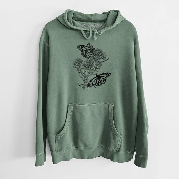 Narrowleaf Milkweed with Monarchs - Unisex Pigment Dyed Hoodie for wholesale by Because Tees