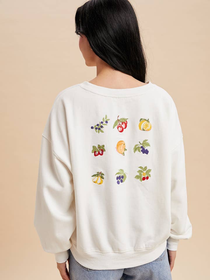 WHIMSICAL FRUIT EMBROIDERED PULLOVER for wholesale by In Loom