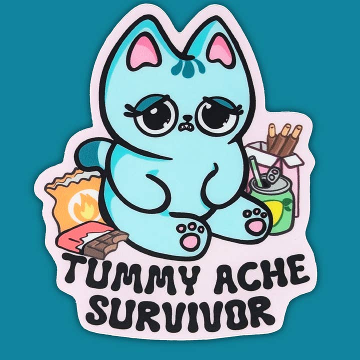 Adhesivo de vinilo resistente Tummy Ache Survivor Cat de 3 pulgadas para venta al por mayor de BluVelvetArt