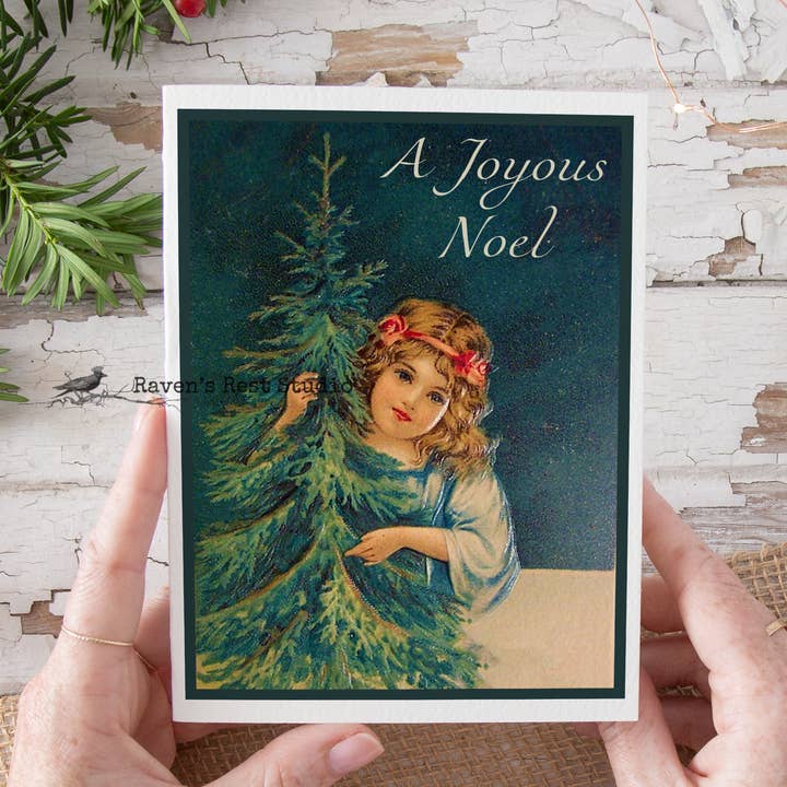 Christmas Card. Vintage Girl With Tree. A Joyous Noel. for wholesale by Cheerful Whimsies