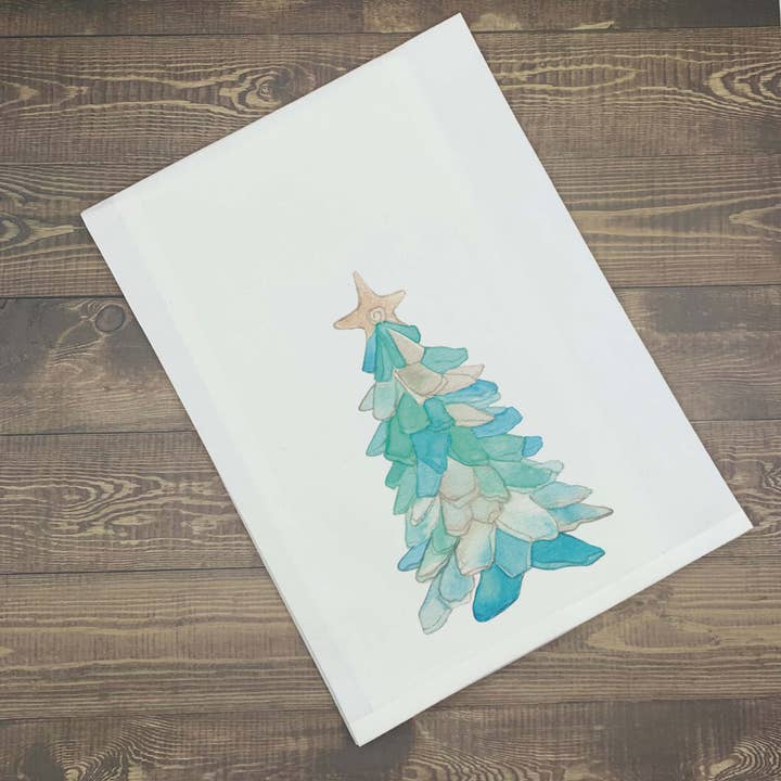 Christmas Sea Glass Tree Kitchen Towel for wholesale by Blue Poppy Designs