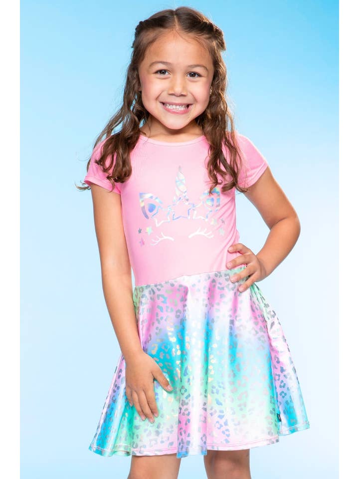 Rainbow Leopard Unicorn NEW Foil Short Sleeve Skater Dress for wholesale on Faire