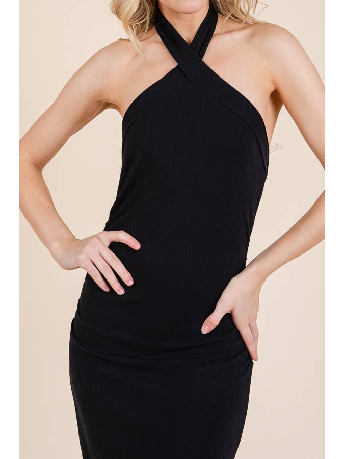 BLACK RD54452 - HALTER TIED CRISS-CROSS MIDI RIBBED DRESS for wholesale on Faire3